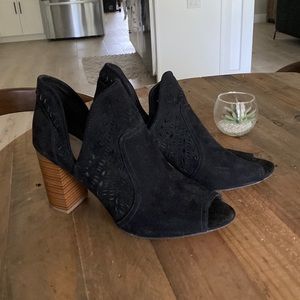 Fergalicious Black Perforated Peep Toe Booties Block Heel Size 12